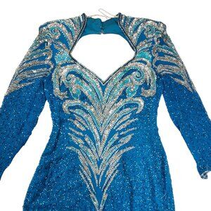 Vintage Alyce Designs Blue Sequin Gown With Beaded Patterns Long Sleeves & Front